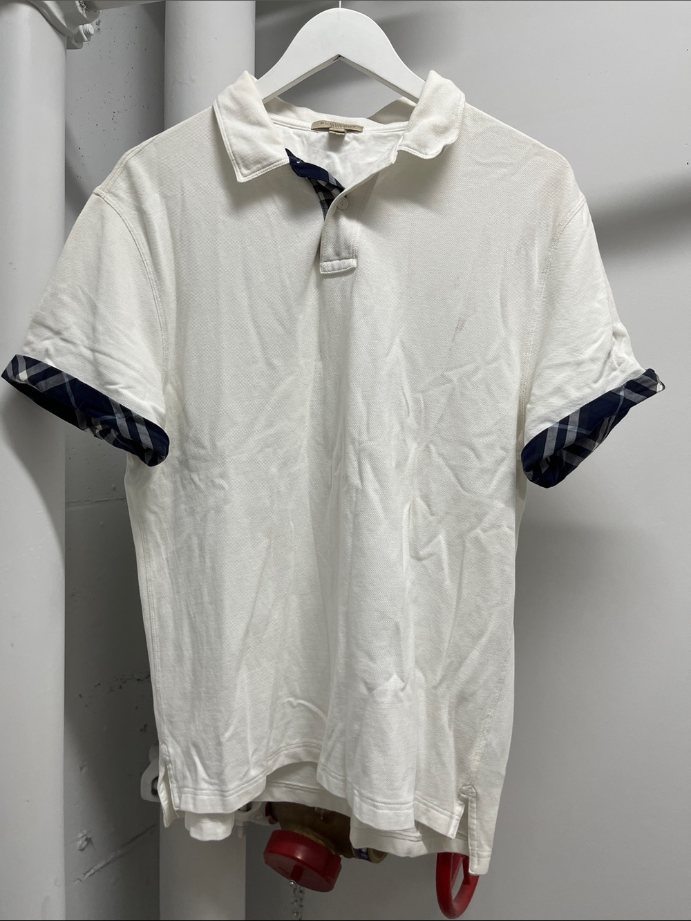 Burberry White Polo with Navy Plaid Trim
